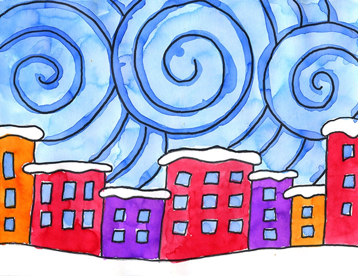 Easy How to Draw a Snowy City Tutorial Video and Coloring Page