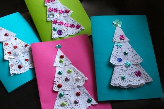 Doily Christmas Tree Cards for Kids to Make