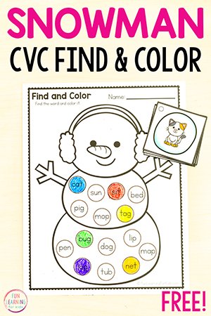 Snowman Find and Color the CVC Word Sheets